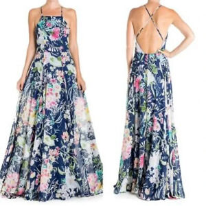 Meghan LA Women's Blue Floral Criss Cross Back Chiffon Maxi Dress Size M
